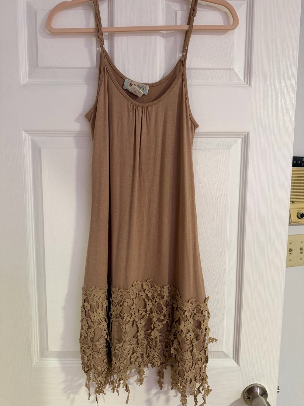 Lady Noiz Tan Sleeveless Midi Dress with Crochet Lace Hem